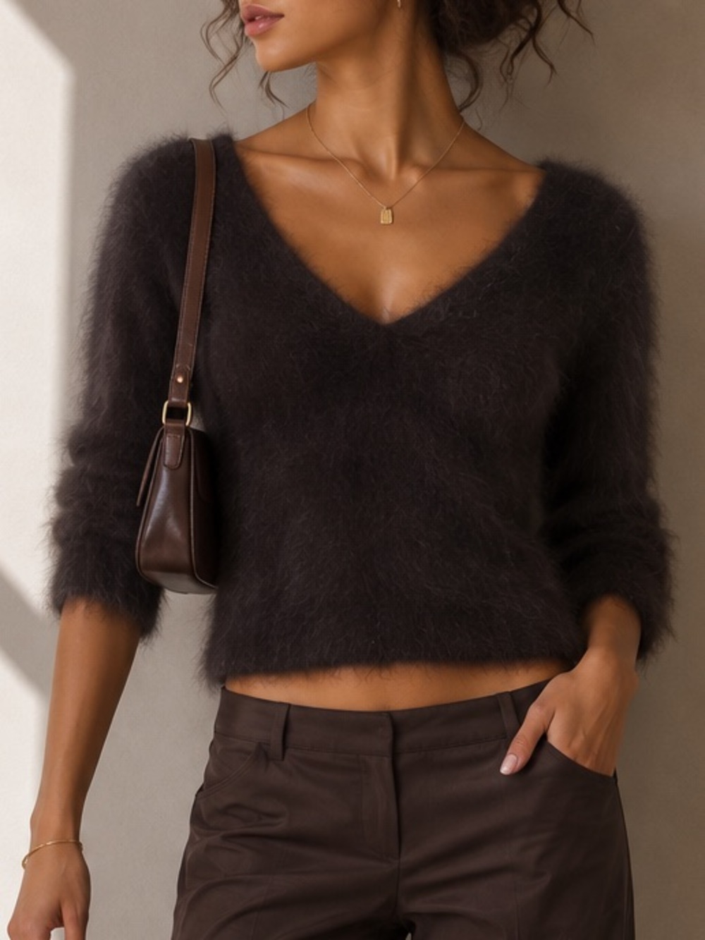 Vintage Monsoon Angora Fuzzy Chocolate Brown V-Neck Sweater